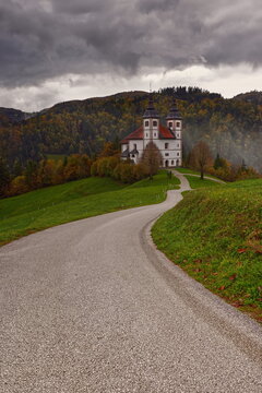 St.Volbenka in Logu parish church, Renaissance-Baroque from 1660-90 with two bell towers, their onion domes remade in 2006. Skofja Loka-Slovenia-164