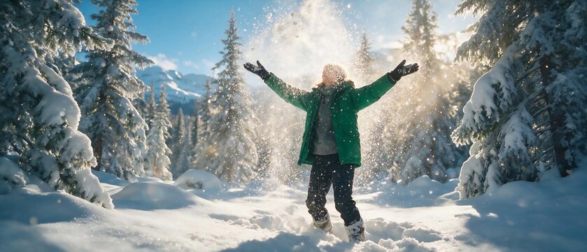 Happy child with arms raised joyfully playing in fresh snow surrounded by snow covered pine trees in winter forest wonderland