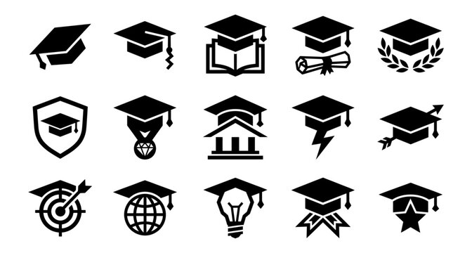 A collection of black graduation cap icons representing academic achievement education university success learning and various student related concepts