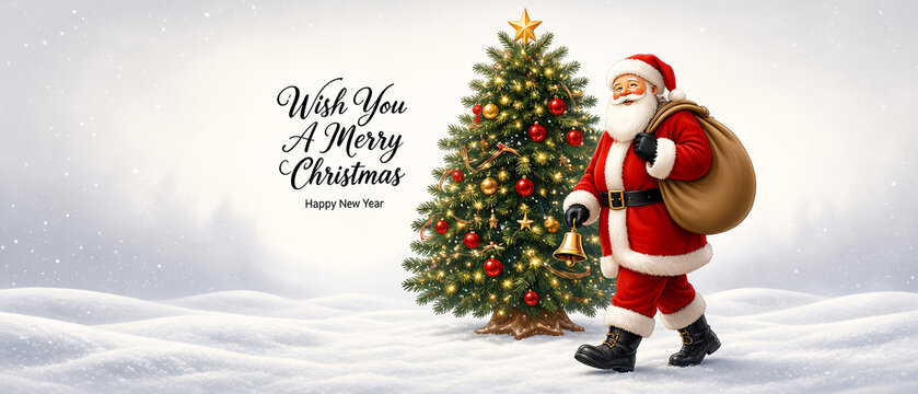 Santa Claus Carrying Gift Bag Standing Beside Decorated Christmas Tree on Snowy Winter Background with Merry Christmas Greeting