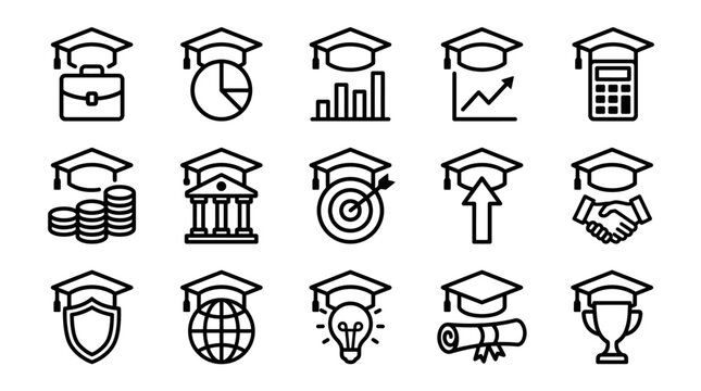 A collection of fifteen thin line icons representing higher education business finance learning and academic achievement for professional design projects