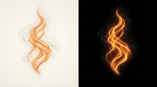 Abstract Glowing Orange Energy Flame Wave Light Trails Isolated on Black and White Background