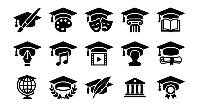 Set of black and white education icons featuring graduation caps combined with various academic subjects and university study symbols