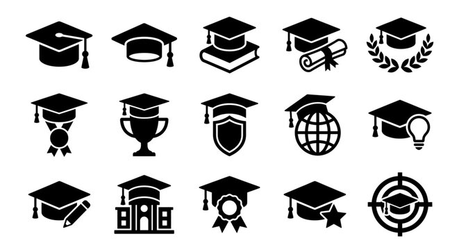 Set of fifteen black graduation cap icons representing education academic achievement university degree learning success and school graduation ceremony concepts
