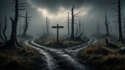 Obraz premium Lonely crossroad with two dirt paths winding into thick fog, dark forest. Dead trees stand along muddy trail in gloomy mood. Signpost indicates directions in eerie landscape. Mysterious concept