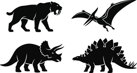 Set of black and white prehistoric animals and dinosaurs silhouette vector illustration © MS Studio1