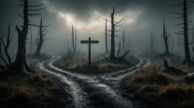 Lonely crossroad with two dirt paths winding into thick fog, dark forest. Dead trees stand along muddy trail in gloomy mood. Signpost indicates directions in eerie landscape. Mysterious concept