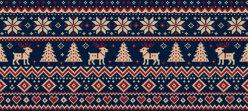 Seamless Nordic Christmas Pattern with Reindeer Trees Snowflakes and Geometric Ornaments