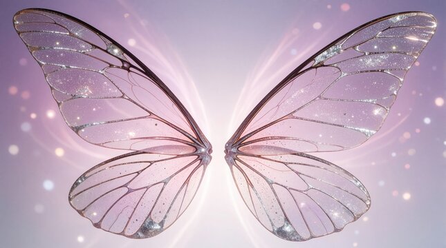 Pair of translucent fairy wings with sparkling glitter. Delicate pastel pink and lavender hues create a magical, ethereal glow. Dreamlike fantasy art imagery.