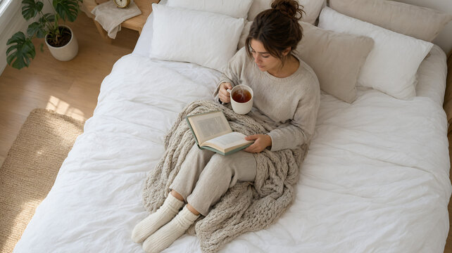 Young Woman Reading Book and Drinking Coffee While Relaxing on Cozy Bed at Home