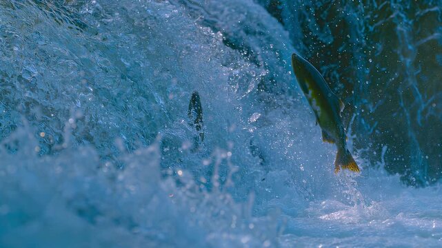 Salmon leaping upstream through turbulent water and splashing spray