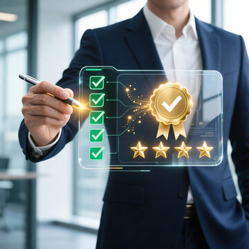 Business Professional Evaluating Quality Assurance with Digital Checklist and Five Star Rating