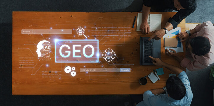 Digital marketing concept featuring GEO strategy. Generative AI search visual shows GEO interface integrating intelligence, logic, and AI input system for prompt tasks. Corpus