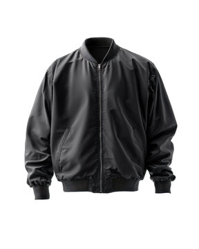 Black bomber jacket front view with zipper closure ribbed collar cuffs and hem isolated