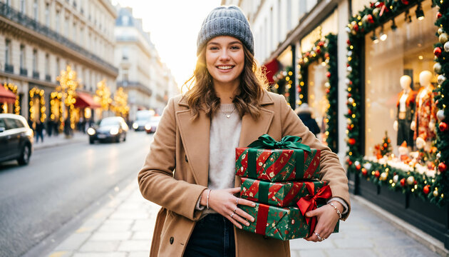 Smiling Young Woman Holding Christmas Gift Boxes on Festive City Street During Winter Holiday Season