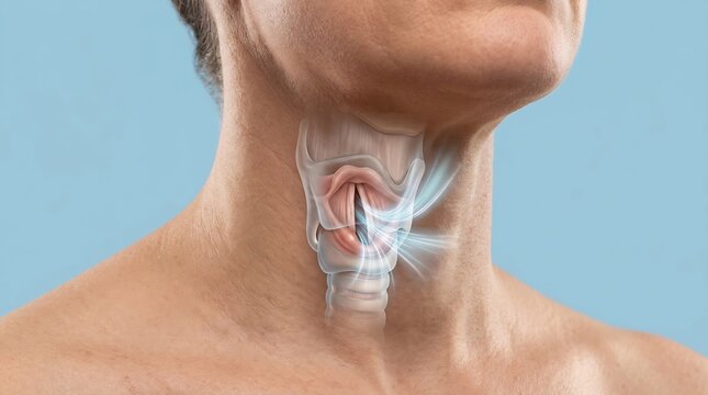 Human Throat Anatomy with 3D Larynx Overlay and Respiratory Airflow Visualization