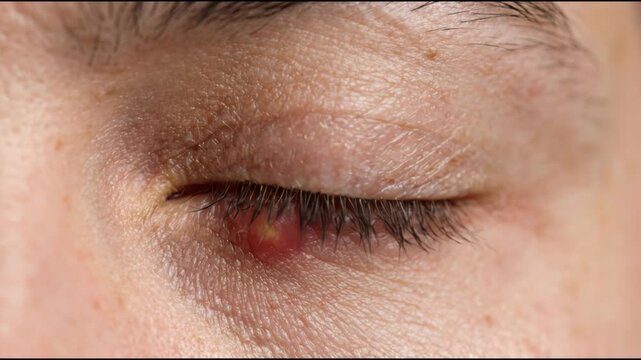 Eye Sty Closeup Discomfort Infection Treatment Concept Showing the Inflamed Eyelid and a Person Blinking with the Painful Condition