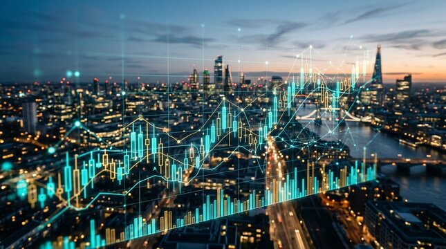 Glowing financial charts and stock market data overlaid on London city skyline at dusk