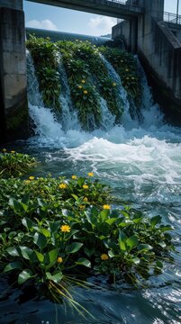 Dam water gate cascades with lush green aquatic plants and small yellow flowers. Turbid water flows strongly beneath concrete structure, creating nature contrast.