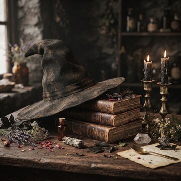 Antique witch hat resting on old books with candles and herbs  