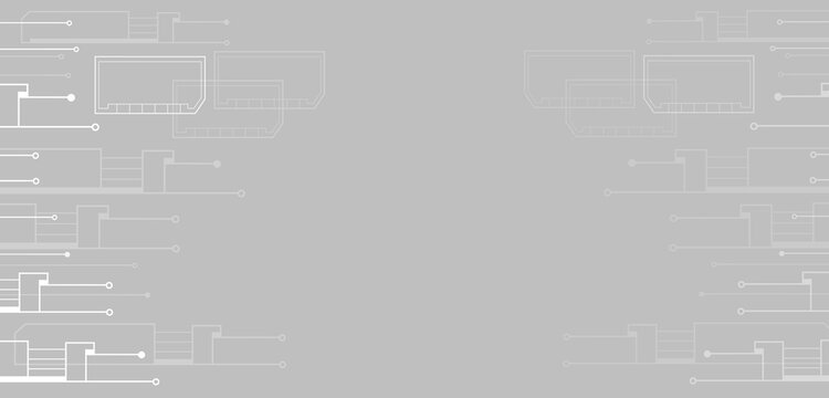 Abstract technology background featuring a circuit board pattern with white geometric lines and nodes on a light gray backdrop.