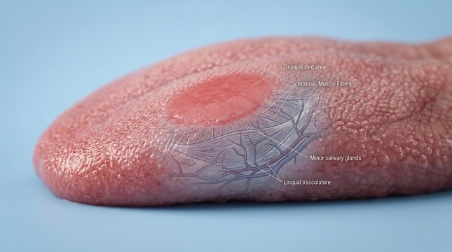 3D Medical Illustration of Human Tongue Anatomy Featuring a Red Depapillated Area and Internal Structures