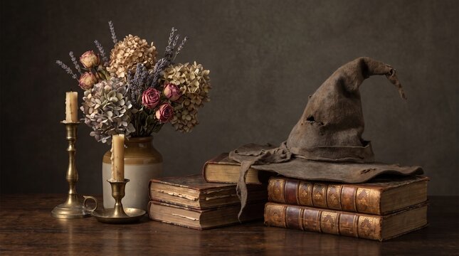 Antique witch hat with old books and dried flowers on wooden table  