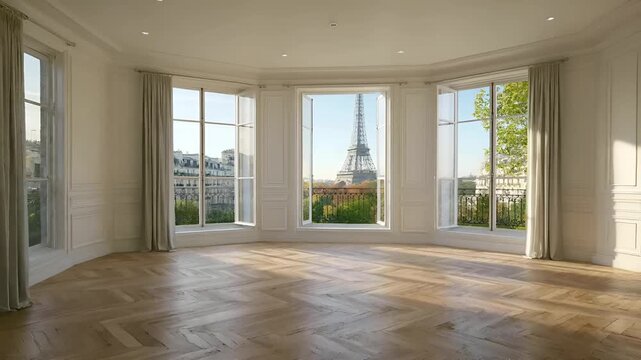 Paris, France, Europe. A detailed, highresolution photograph of an interior room with a panoramic view of the Eiffel Tower. The room has a classic architectural style with white walls, large windows.