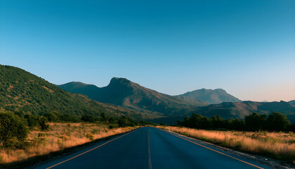 Obraz premium Empty asphalt road and green mountains under clear blue sky