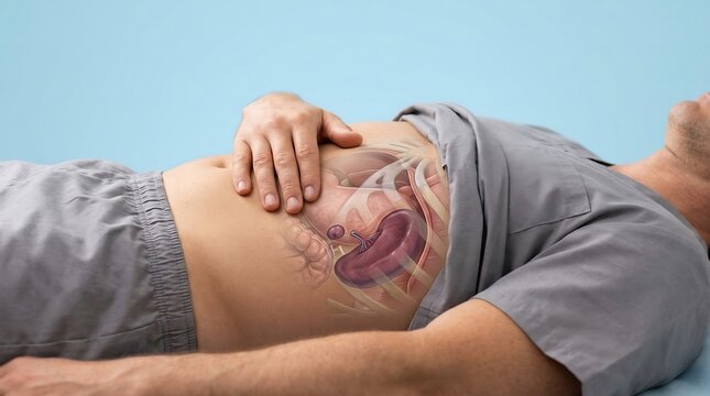 Adult man lying down with anatomical illustration of the spleen and abdominal organs showing pain in the upper left side
