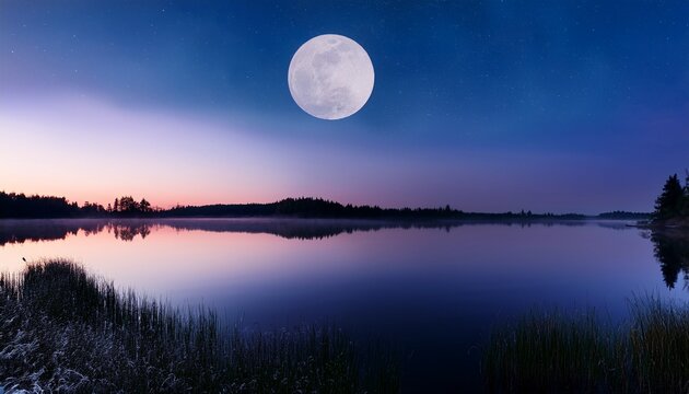 Super Moon Reflection Over Tranquil Lake At Twilight N Nature Landscape Wallpaper