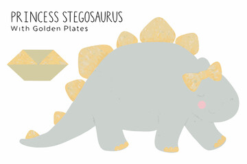 princess stegosaurus with golden plates cartoon dinosaur illustration gray yellow bow childish funny © Lelin