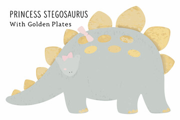 princess stegosaurus with golden plates cartoon dinosaur illustration gray pink bow childish funny © Lelin
