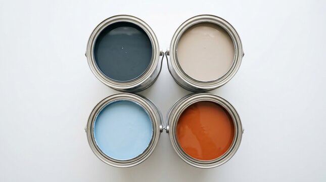 Four open paint cans displaying a palette of colors charcoal grey, a light tan, sky blue, and a burnt orange hue