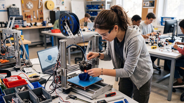teenage girl using 3d printer, young engineer in tech lab, stem education concept, robotics student working, modern technology laboratory, hands-on engineering learning, desktop 3d printing process, h