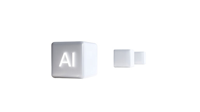 Glowing AI letter cube with light streaks and reflections in minimal 3D technology concept