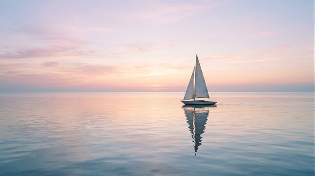 Sailboat gliding on calm sea at pastel sunset horizon