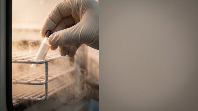 Extreme close-up of gloved hand lifting cryovial from frozen rack with vapor, biobank sample storage with copy space