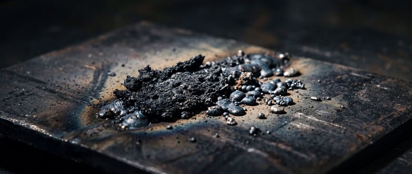 Industrial welding slag and molten metal droplets cooling on steel plate surface showcasing heat damage and metallurgical process in fabrication shop