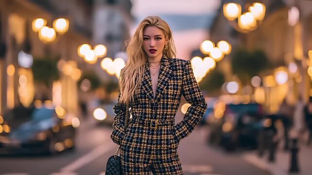Paris, France, Europe. A portrait of a woman standing on a city street at sunset. She wears a black and gold checkered suit with a deep Vneckline and a matching belt.