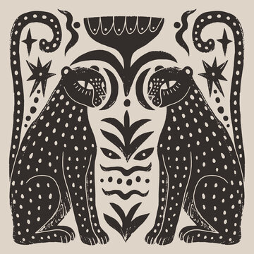 Artisanal doodle childish folk art baby leopard vector illustration, naive style wild cat with cactus and celestial moon symbols, modern boho linocut graphic 