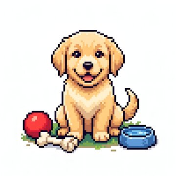 Pixel art golden retriever puppy sitting with toy ball and bone centerpiece high resolution 2K digital sprite