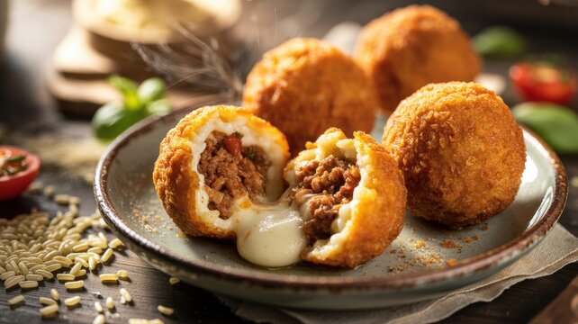 The national dish of Italian cuisine. 
Arancini &mdash; traditional Sicilian deep-fried rice balls in breadcrumbs, stuffed with meat stew, mozzarella and green peas. 