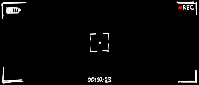 Ultrawide 21:9 camera rec overlay in hand drawn doodle style isolated on black bg. Wide recorder cam display. Video or photo recording screen. Viewfinder Layout template. Vector illustration