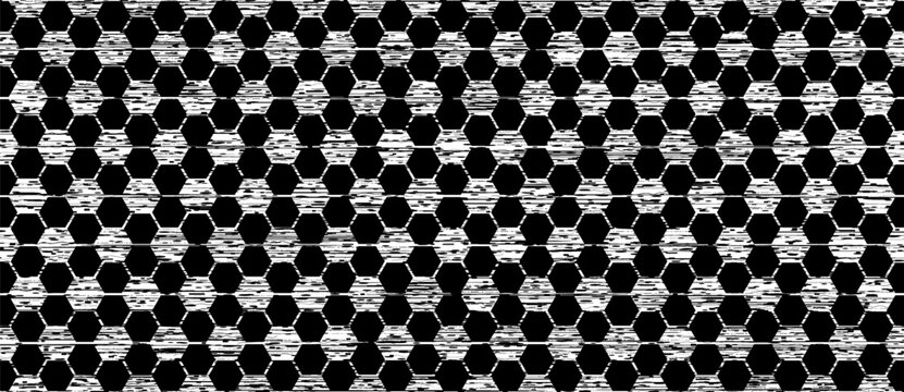 Soccer ball grunge pattern in black and white colors. Football game hexagon texture background. Ball hexagonal pattern. Mosaic geometric design bg. Vector illustration