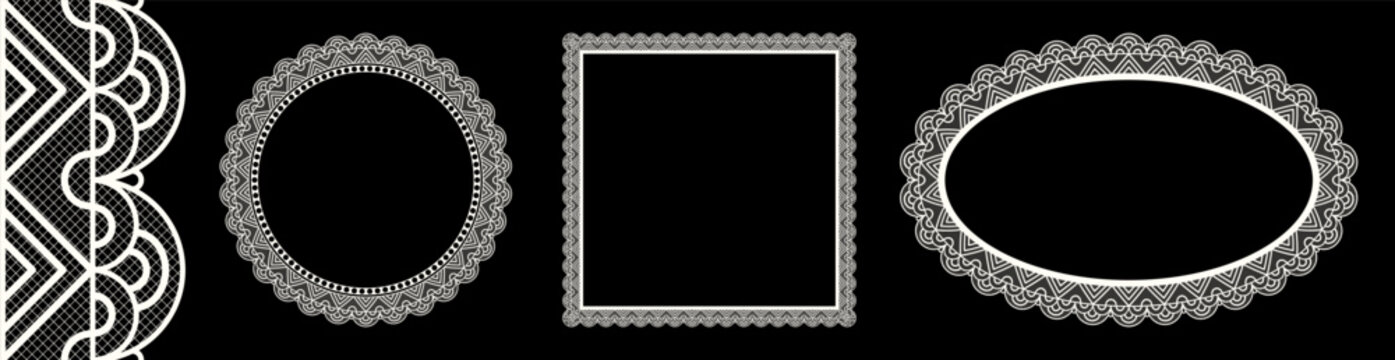 Seamless realistic textured lace border oval frame isolated on black. Vintage crochet embroidery frame set. Classic ornament border trim ribbon line. Vector illustration