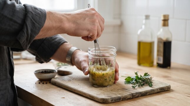 Man whisking salad dressing in jar. Male chef preparing healthy meal.