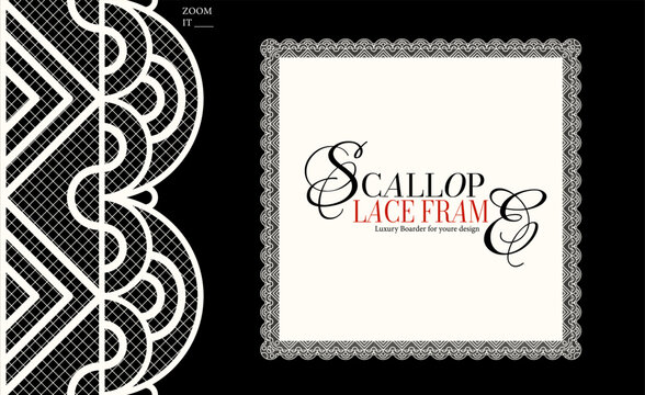 Realistic textured beige lace border square frame isolated on black. Vintage crochet embroidery frame set. Classic ornament border trim ribbon line. Vector illustration