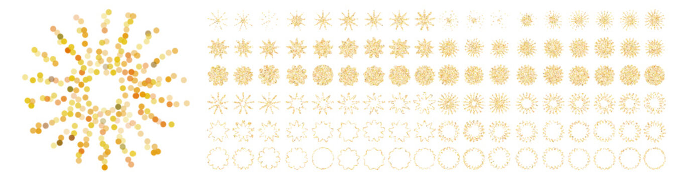 Set of gold confetti stars icons. Star shapes collection. Shiny simple stars pack. Christmas star objects isolated on transparent bg. Vector png