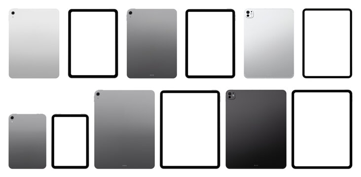 Photorealistic detailed modern black and silver tablet mockup pack. Front and rear view isolated on transparent background. Vector PNG